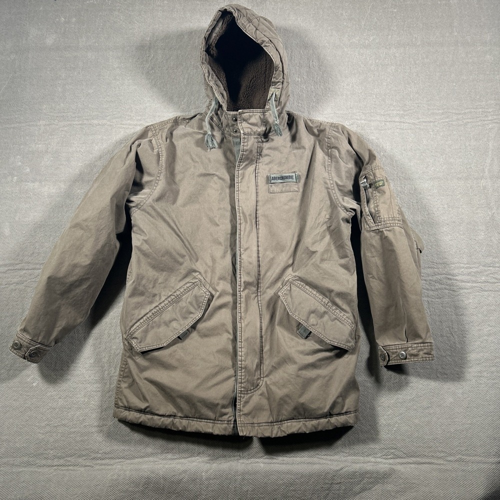 Vintage Abercrombie & Fitch Jacket Mens Small Brown Military Hooded Sherpa Lined